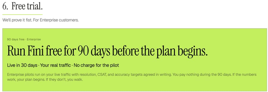 Fini's pricing page on October 8, 2026: Run Fini free for 90 days before the plan begins, for Enterprise customers, live in 30 days on your real traffic
