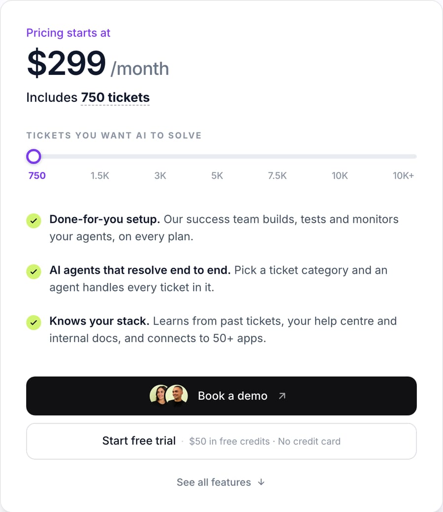 Macha's pricing page on October 8, 2026: pricing starts at $299 a month and includes 750 tickets, with done-for-you setup on every plan and a $50 free trial with no credit card