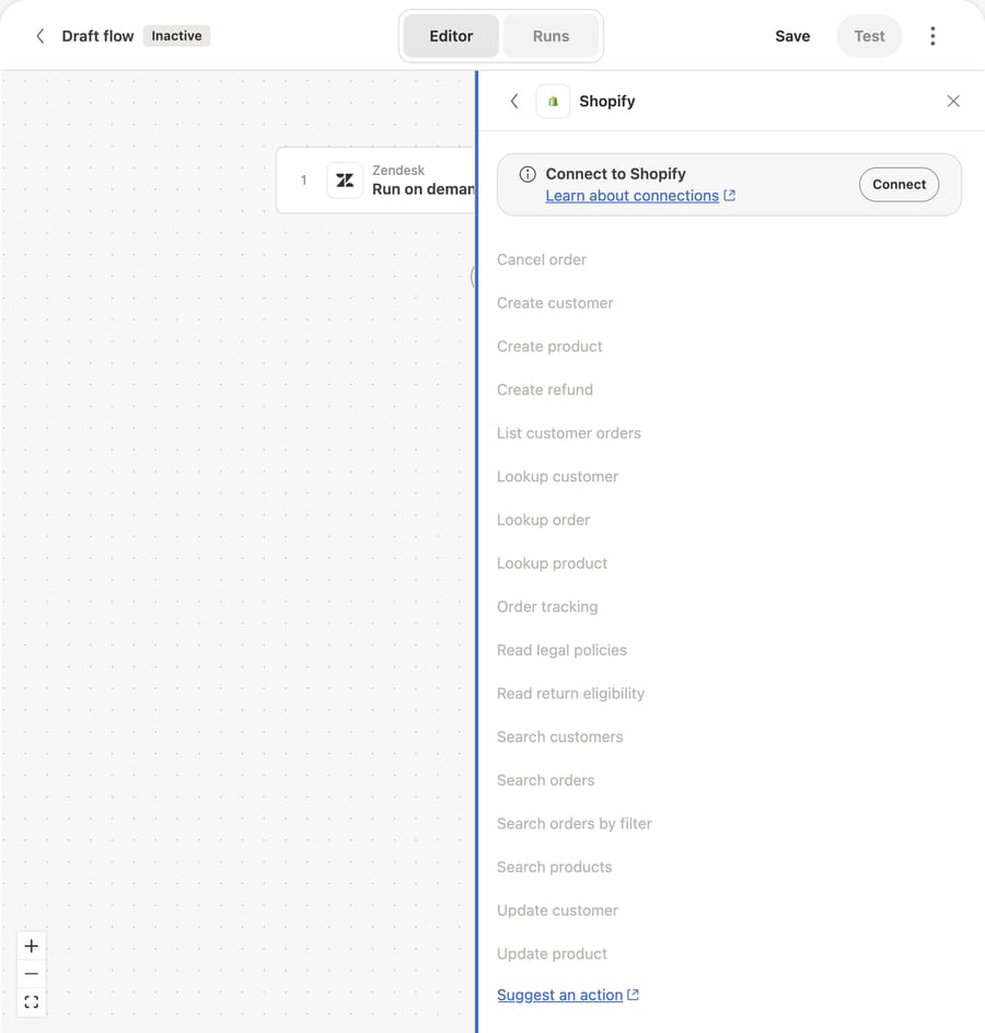 The action flow builder on our d3v-macha sandbox, October 8, 2026: the Shopify connector's 17 actions, including Create refund and Cancel order, with a Connect to Shopify prompt