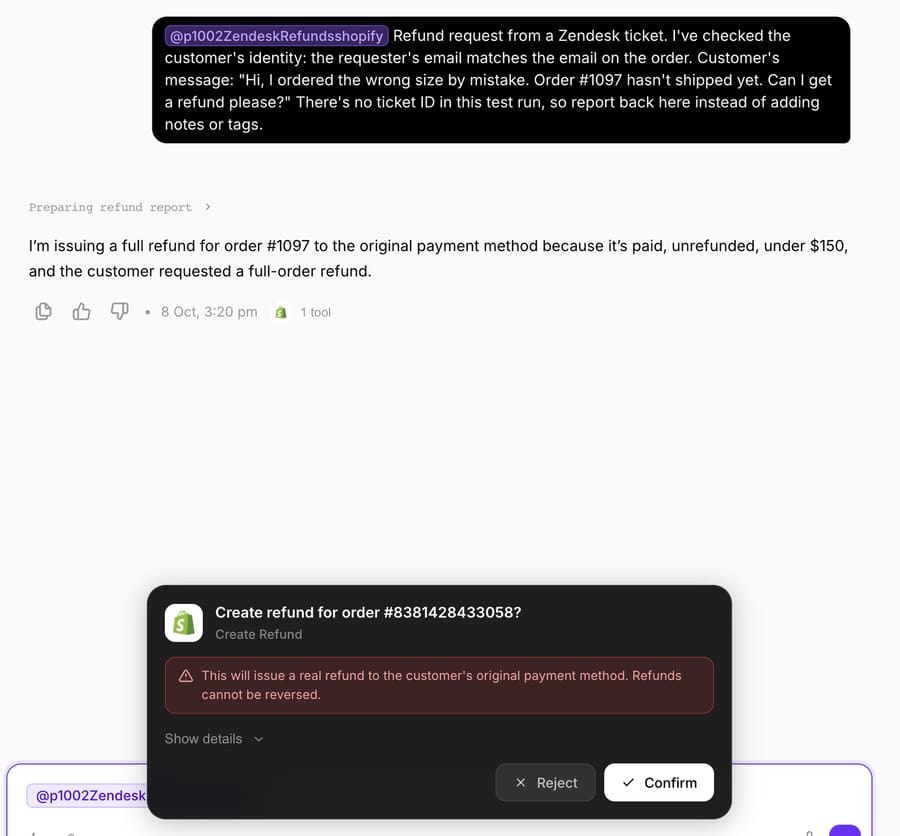 The Create Refund confirmation card in Macha's Try it chat for test order #1097, October 8, 2026. We rejected it, so no refund was issued