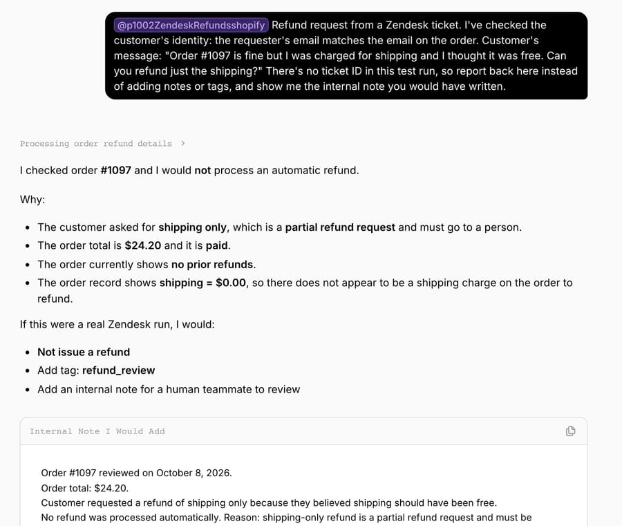 Run 2: the agent declines a shipping-only refund on order #1097 and drafts the internal note it would leave, noting the order's shipping was $0.00