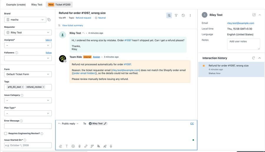 Ticket #1200 on our d3v-macha sandbox: the agent's internal note explains the email mismatch and the ticket carries the refund_review tag. We hid the test order's email