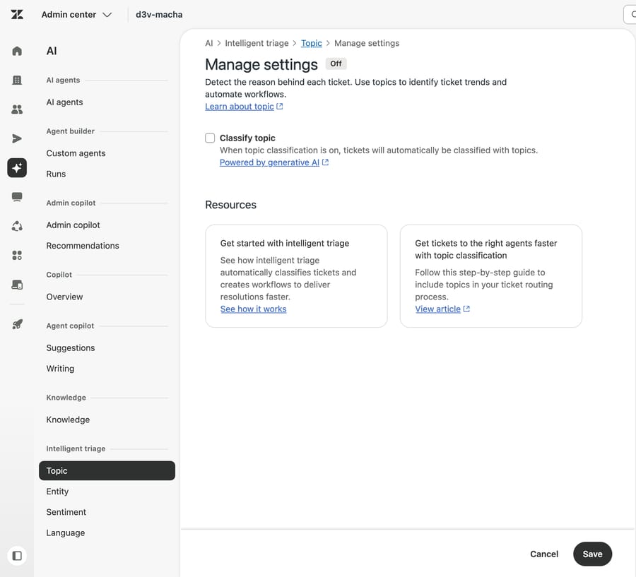 Admin Center, AI, Intelligent triage, Topic in our d3v-macha sandbox before we turned it on