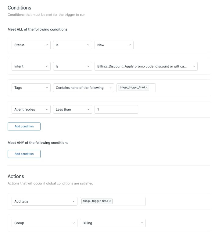 Zendesk documentation example of a routing trigger on an intelligent triage field, setting Group to Billing