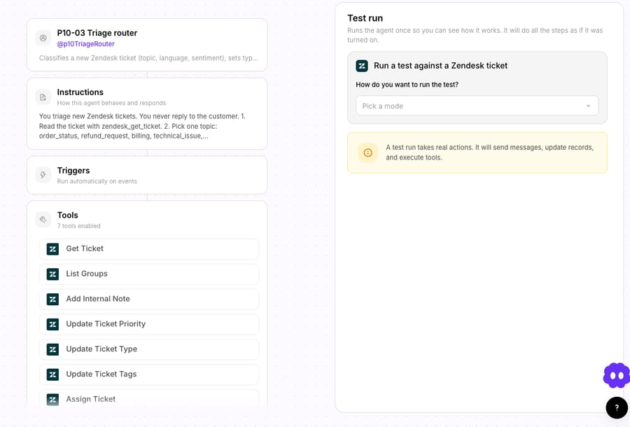 The P10-03 Triage router agent in Macha with its seven Zendesk tools attached and the Test run panel open ("Run a test against a Zendesk ticket").