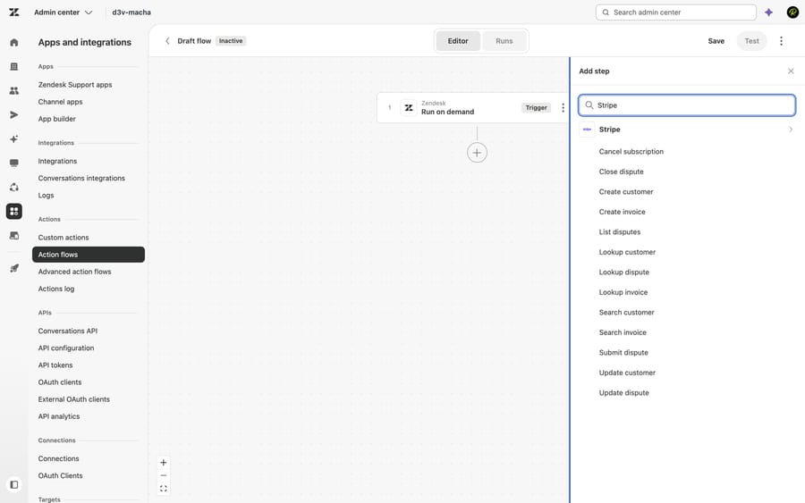 The action flow builder on our d3v-macha sandbox, October 8, 2026: Zendesk's Stripe connector lists 13 actions, from Cancel subscription to Update dispute, with no refund action