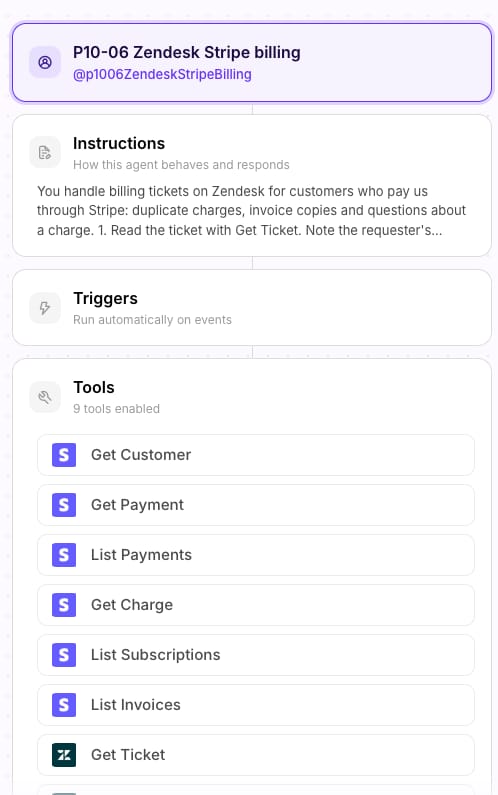 The test agent on Macha Demo: its tool list starts with the six read-only Stripe tools and Get Ticket; no Stripe write tool is attached
