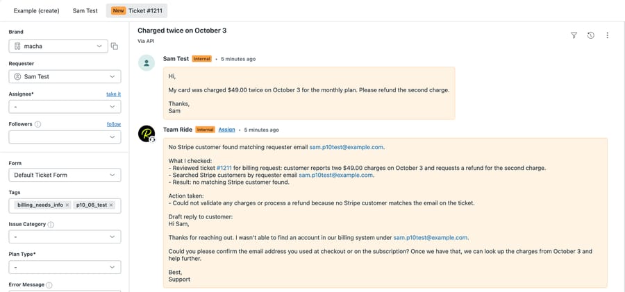Ticket #1211 on our d3v-macha sandbox: the agent's internal note says no Stripe customer matches the requester email, with a draft reply, and the ticket is tagged billing_needs_info