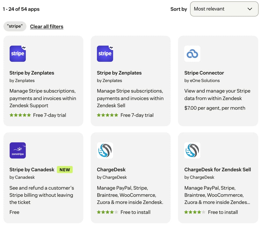 Zendesk Marketplace search for "stripe" on October 8, 2026: Stripe by Zenplates, eOne's Stripe Connector at $7.00 per agent a month, Stripe by Canadesk (Free) and ChargeDesk