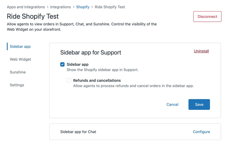 Admin Center on our d3v-macha sandbox, October 8, 2026: the Shopify sidebar app for Support, with Refunds and cancellations unticked