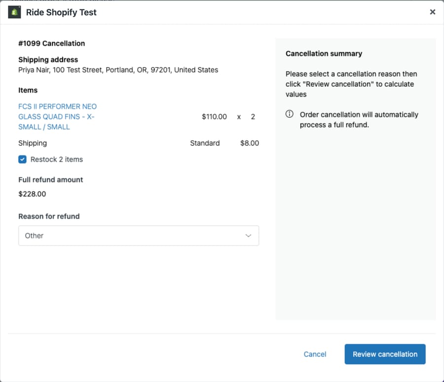 The sidebar app's cancel dialog for test order #1099: restock ticked, a $228.00 full refund. We closed it without confirming