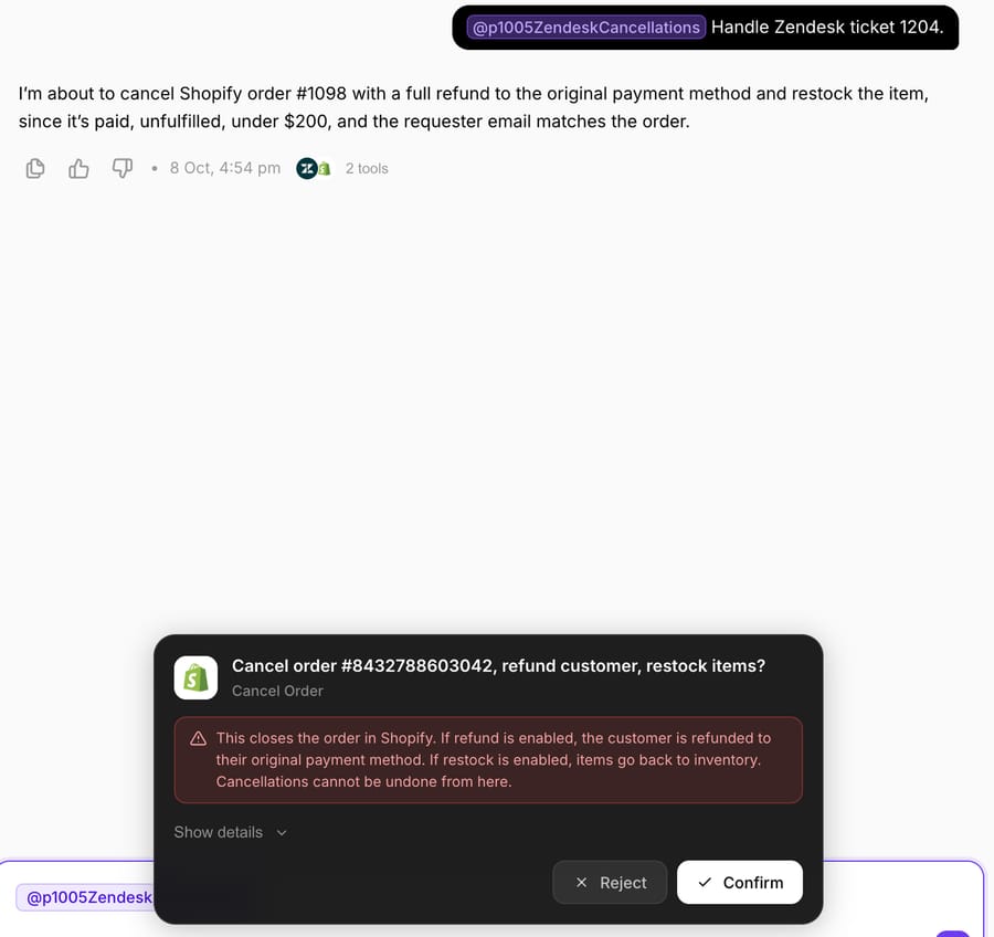 The Cancel Order confirmation card in Macha's chat for test order #1098, October 8, 2026. We confirmed it