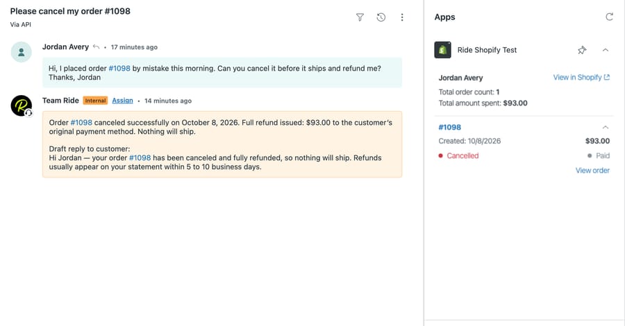 d3v ticket #1204 after the run: the agent's internal note with the drafted reply, and Zendesk's Shopify sidebar showing order #1098 as "Cancelled"