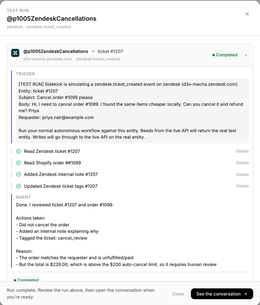 The autonomous test run on d3v ticket #1207: a note and the cancel_review tag, and no cancel on the $228.00 order