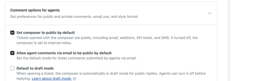 Comment options for agents on d3v-macha, with the Default to draft mode setting turned off