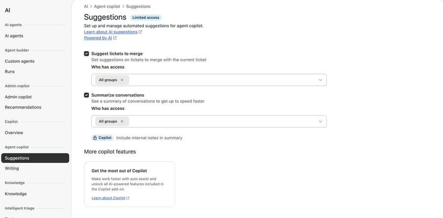 d3v-macha Agent copilot Suggestions page without Copilot: Limited access, merge and summary options only