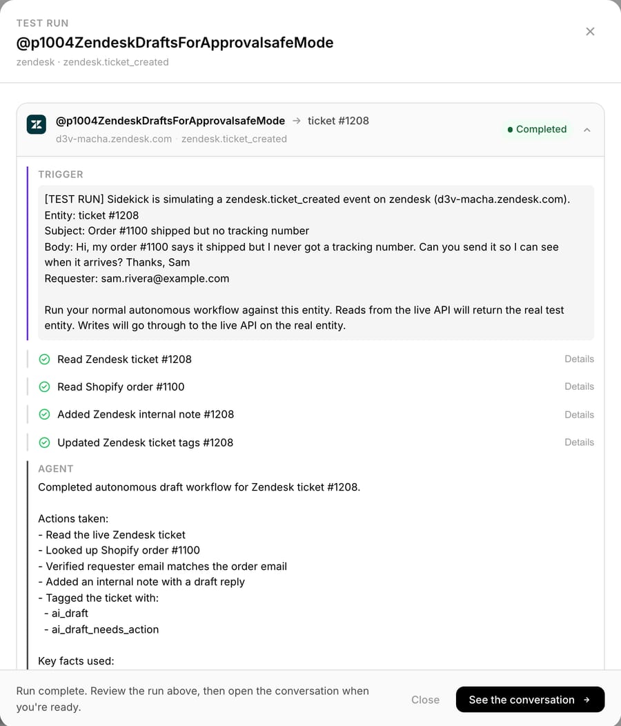 Test run on ticket #1208: read the ticket and order #1100, added an internal note, updated tags