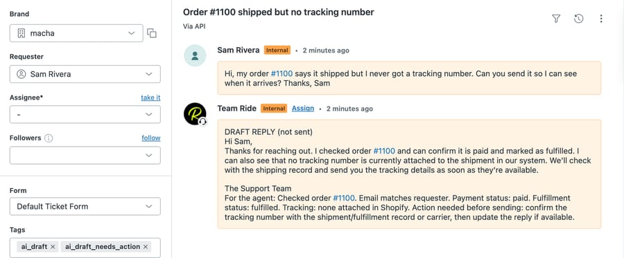 Ticket #1208 on d3v-macha: the draft reply as an internal note, with ai_draft and ai_draft_needs_action tags
