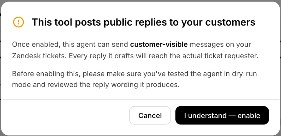 The warning Macha shows before it enables the Add Public Reply tool on an agent