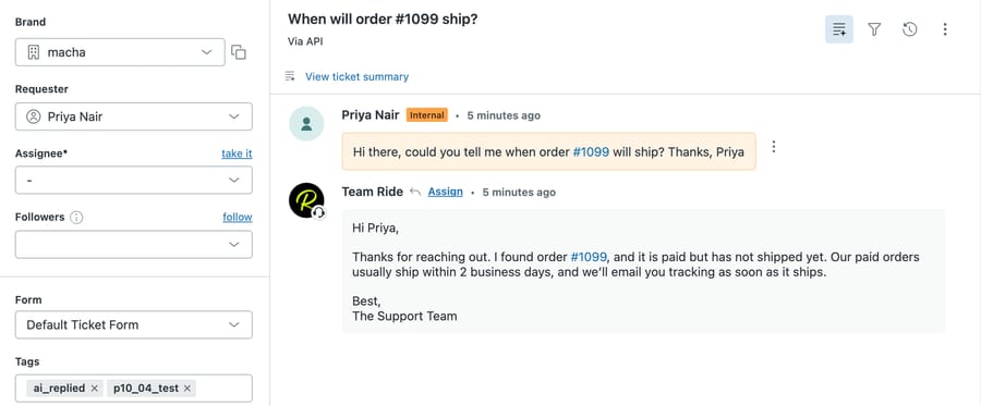 Ticket #1212 on d3v-macha: the graduated agent's public reply about order #1099, tagged ai_replied