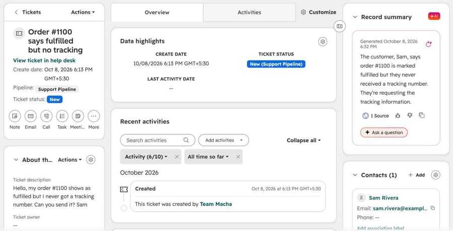 A made-up order-status ticket in our HubSpot Service Hub trial portal: Sam Rivera says order #1100 shows fulfilled with no tracking number, and HubSpot's AI record summary restates the request