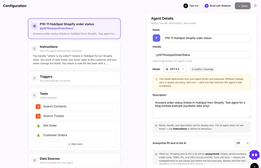 The test agent's configuration on Macha Demo: the safe-mode instruction and four tools, Search Contacts and Search Tickets from HubSpot and Get Order and Customer Orders from Shopify