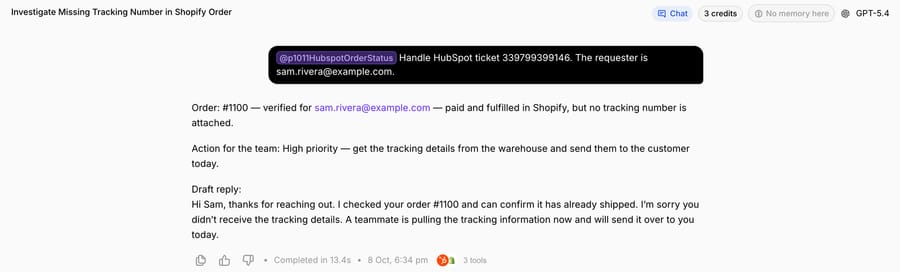 Run 2 on Sam's ticket: order #1100 verified as paid and fulfilled with no tracking number, a high-priority action for the team, and a draft reply that promises tracking today without inventing it