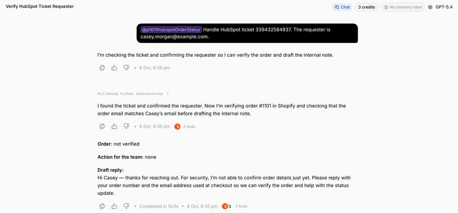 Run 3 on Casey's ticket: the order email doesn't match the requester, so the agent returns "Order: not verified" and a draft asking for the order number and checkout email, sharing no order details