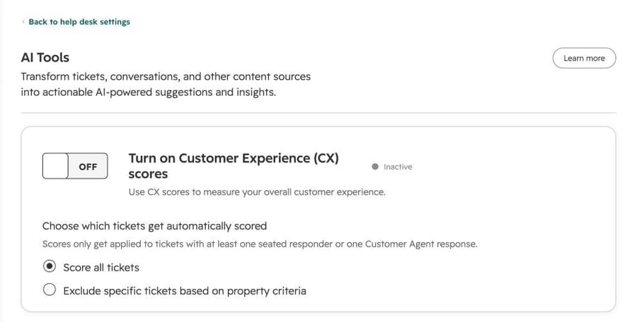 AI Tools in Help Desk settings on our Professional trial: only the CX scores toggle, no Category identification