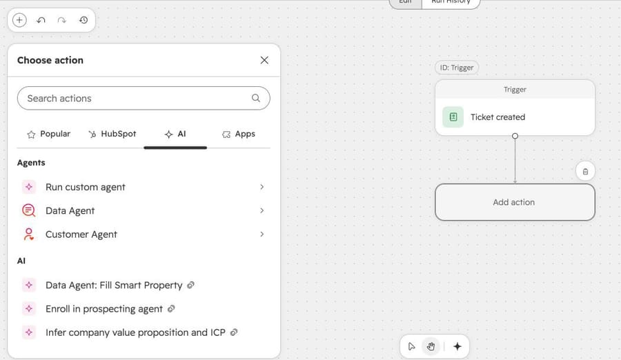 A Ticket created workflow with the AI actions tab open: Run custom agent, Data Agent, Customer Agent