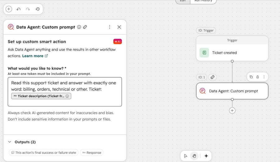 Data Agent: Custom prompt set to answer billing, orders, technical or other from the Ticket description token