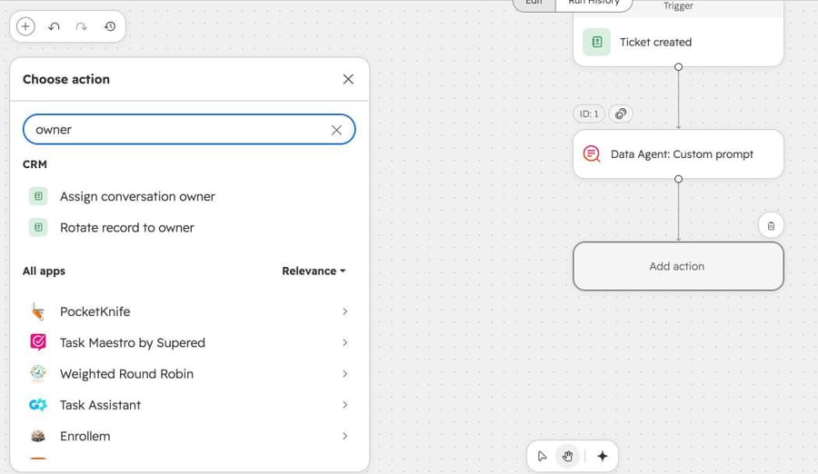 Searching the action picker for "owner": Assign conversation owner and Rotate record to owner