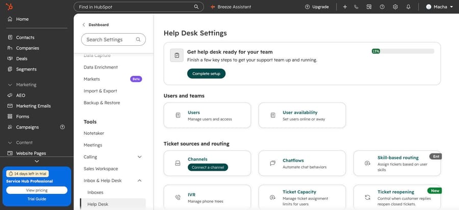 Help Desk Settings on our HubSpot portal, October 8, 2026: routing cards, with Skill-based routing marked Ent