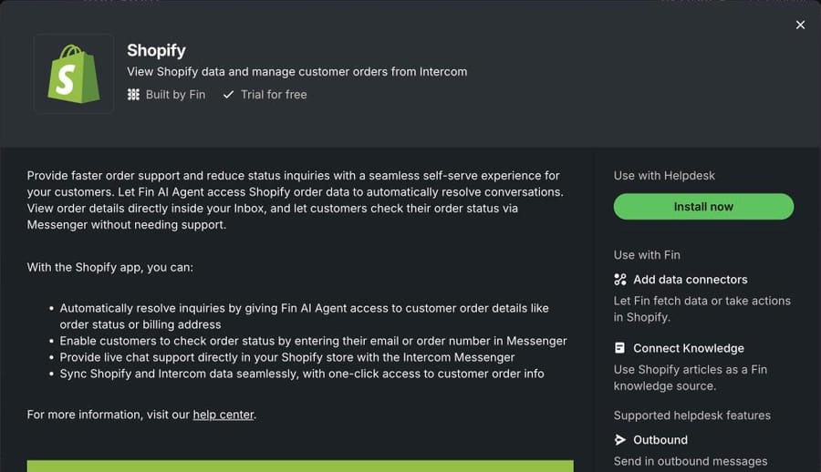 Intercom's App Store listing for the Shopify app in our trial workspace, October 8, 2026: "Built by Fin", with "Add data connectors" under Use with Fin