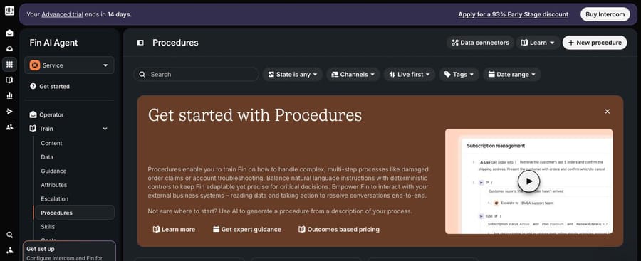 Fin's Procedures page in our Intercom trial workspace (Advanced trial), October 8, 2026, with the New procedure and Data connectors buttons