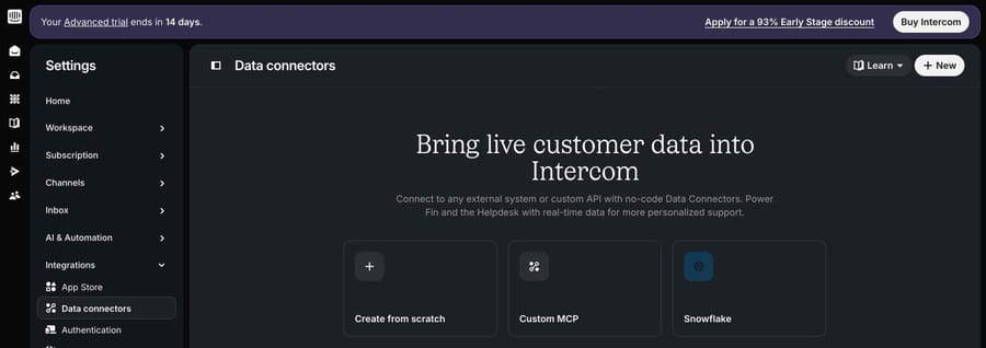 The Data connectors page in our Intercom trial workspace before any commerce app was installed: Create from scratch, Custom MCP and Snowflake
