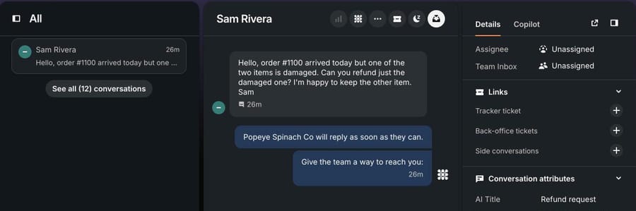 One of our three made-up Intercom conversations, October 8, 2026: Sam Rivera asks for a refund on one damaged item from order #1100. Intercom titled it "Refund request"