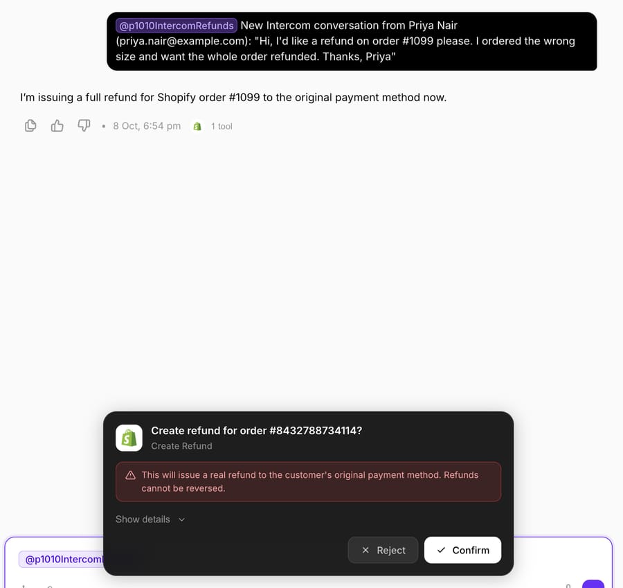 The Create Refund confirmation card for test order #1099 in Macha's Try it chat, October 8, 2026. We rejected it, so no refund was issued