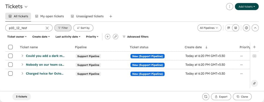Our three made-up HubSpot tickets before routing: all New in the Support Pipeline, no priority set