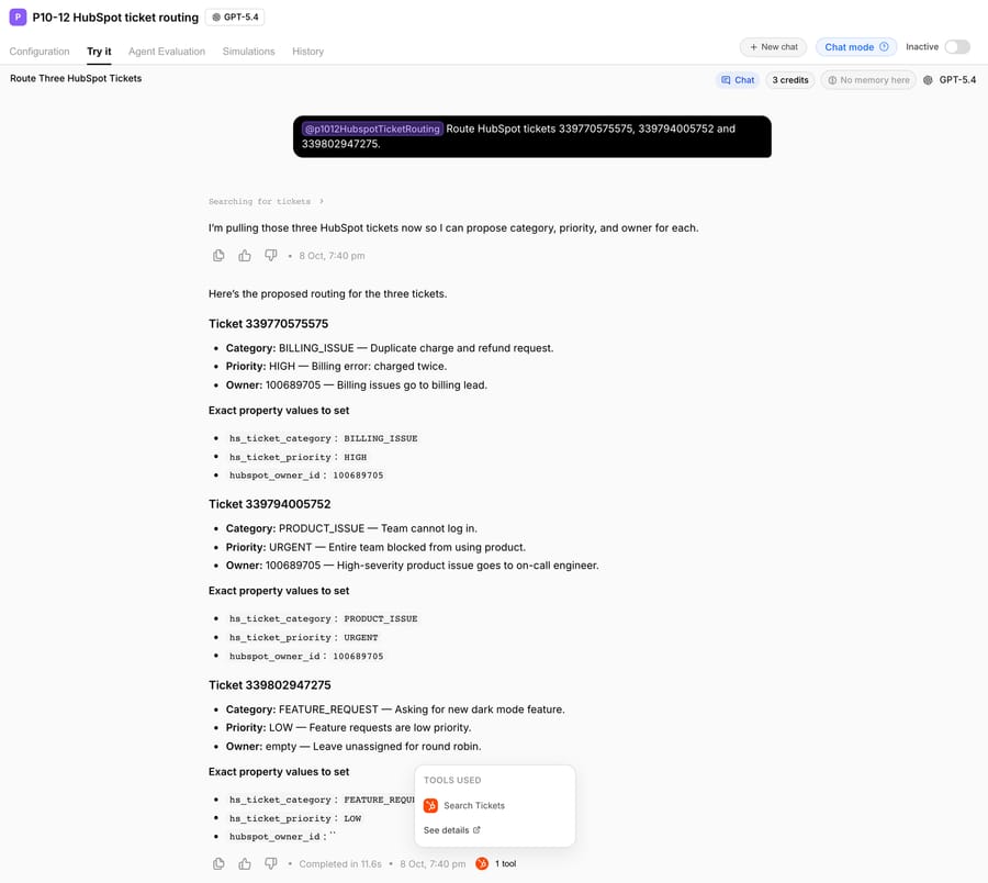 The agent's proposed category, priority and owner for each ticket, with reasons; Tools used lists Search Tickets