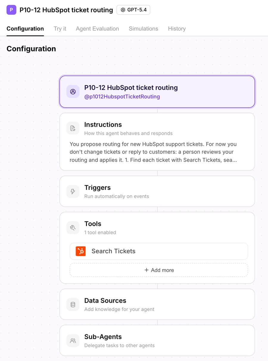 The test agent on Macha Demo: the instruction above, no trigger, one tool (HubSpot Search Tickets)