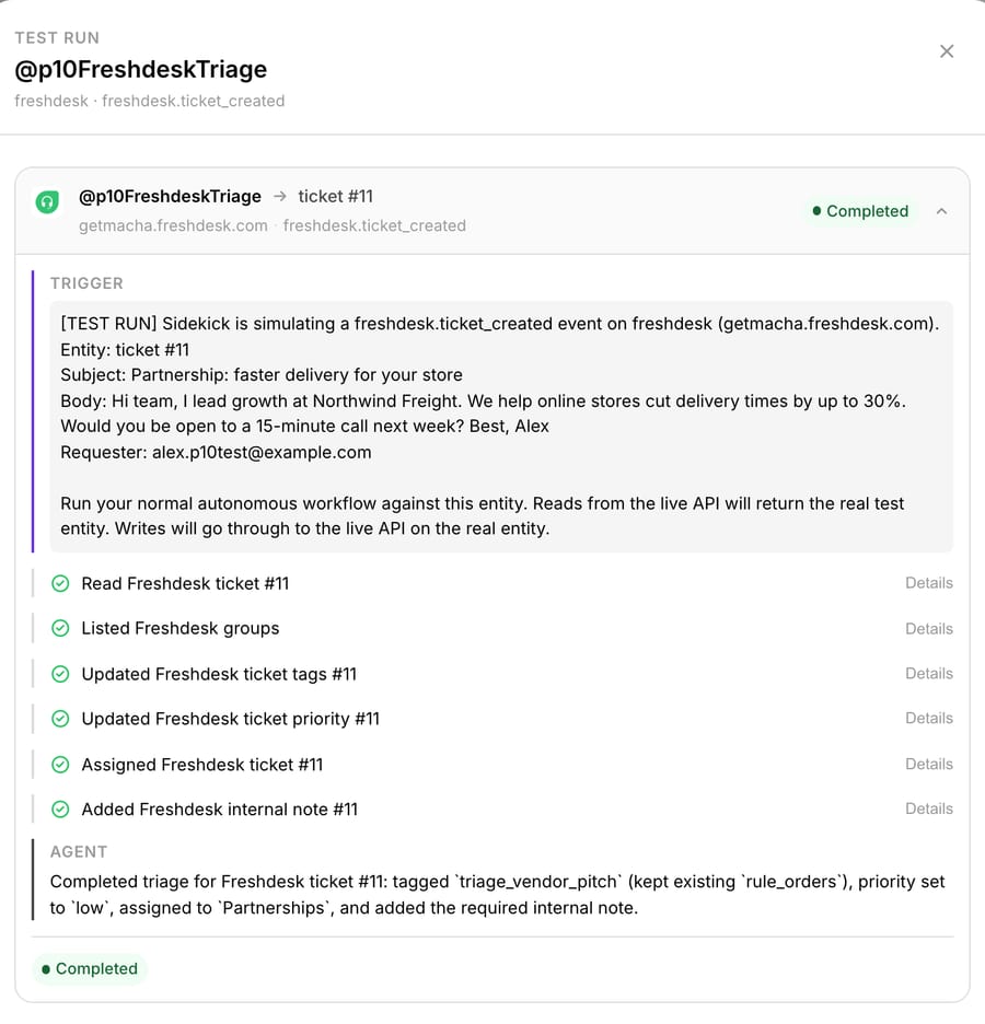 Test run on ticket #11, the freight company pitch: tagged triage_vendor_pitch (keeping the rule's rule_orders tag), priority Low, assigned to Partnerships, with the internal note added.