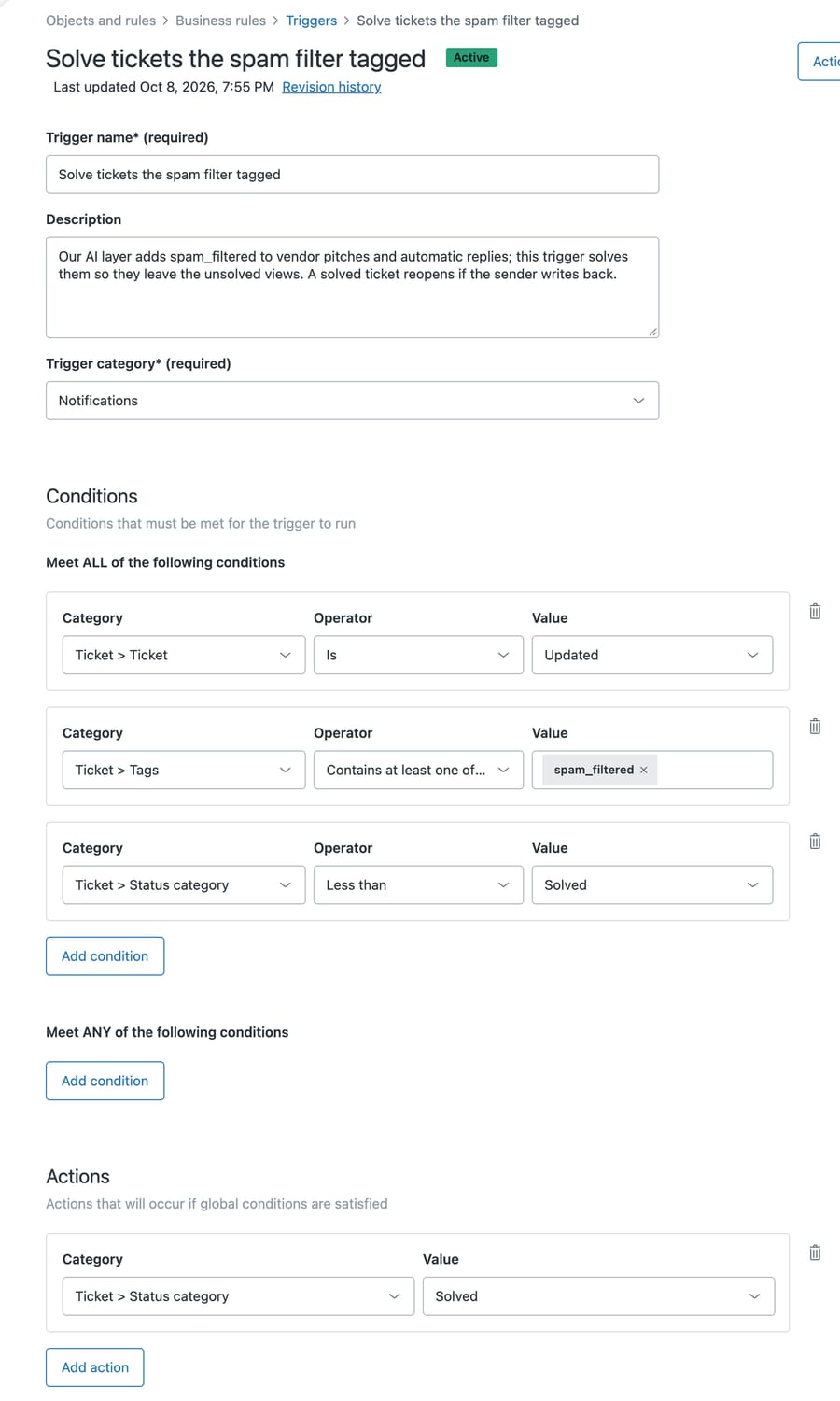 The Zendesk trigger that solves tickets tagged spam_filtered, with its three conditions and one action