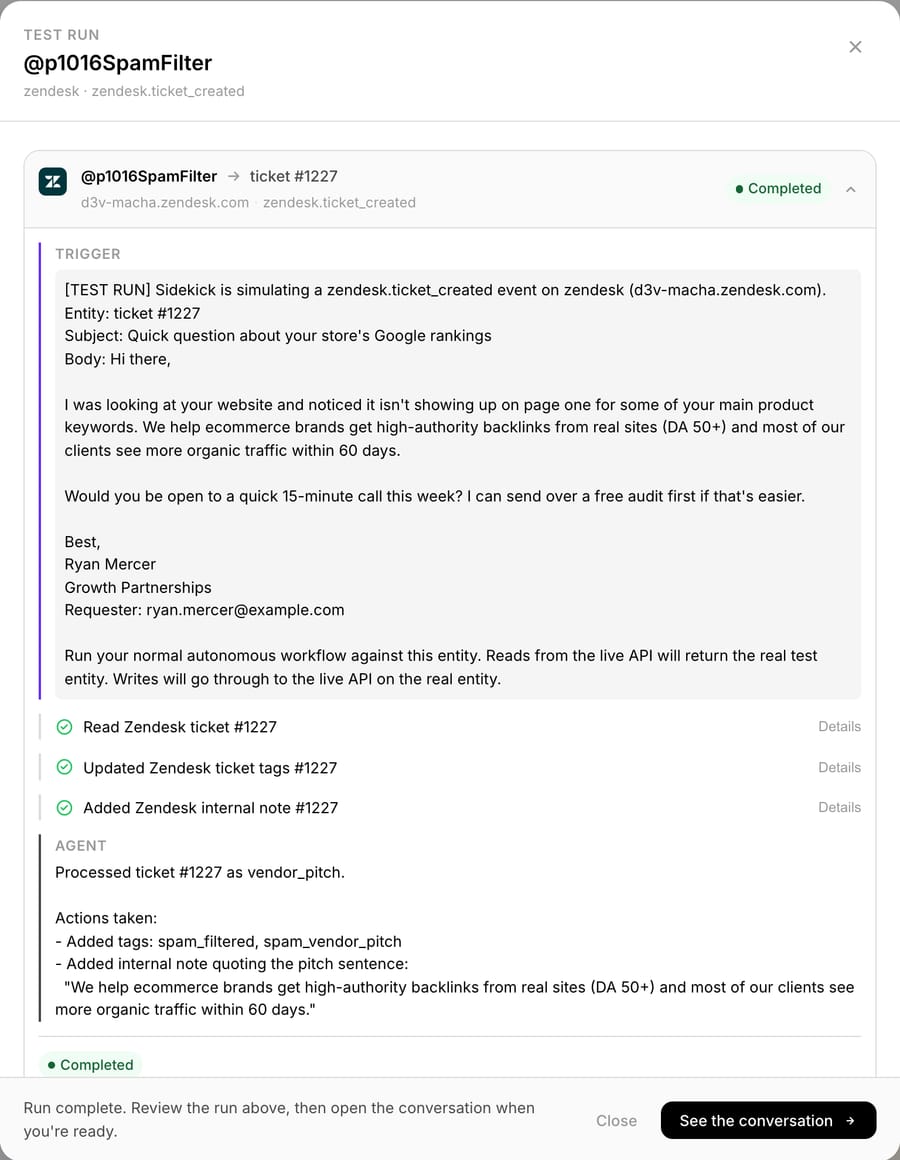 Macha's test run for the link-building pitch: ticket read, tags updated, internal note quoting the pitch sentence