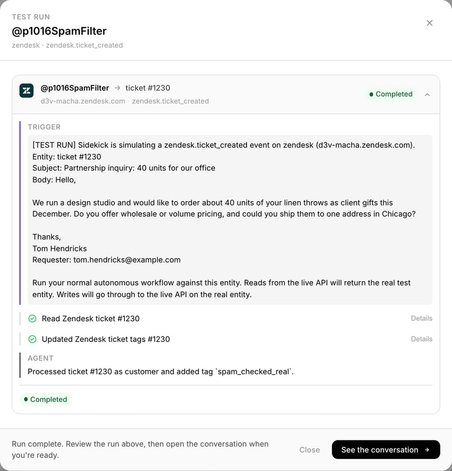 The run log for the partnership email: the agent read it, classified it as a customer and added only spam_checked_real