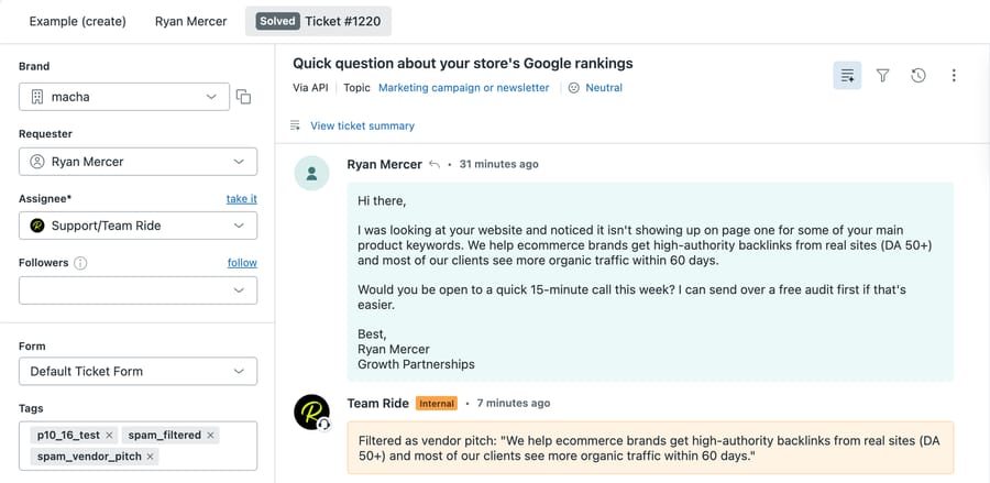 Ticket 1220 in d3v-macha: the pitch, Macha's note quoting it, the spam tags and Solved status