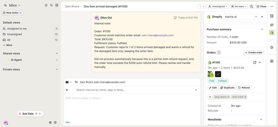 A Gorgias ticket on our trial, October 8, 2026: Macha's internal note on the left, and the Shopify sidebar on the right showing test order #1100 (2 items, $433.00, Paid, Fulfilled) with its Refund button