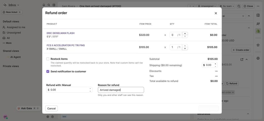 The Refund order modal on our trial for test order #1100: we set the fins line to 1 ($105.00 subtotal) and typed a staff-only reason, then canceled. Our test order was marked paid manually, so Gorgias showed $0.00 available to refund