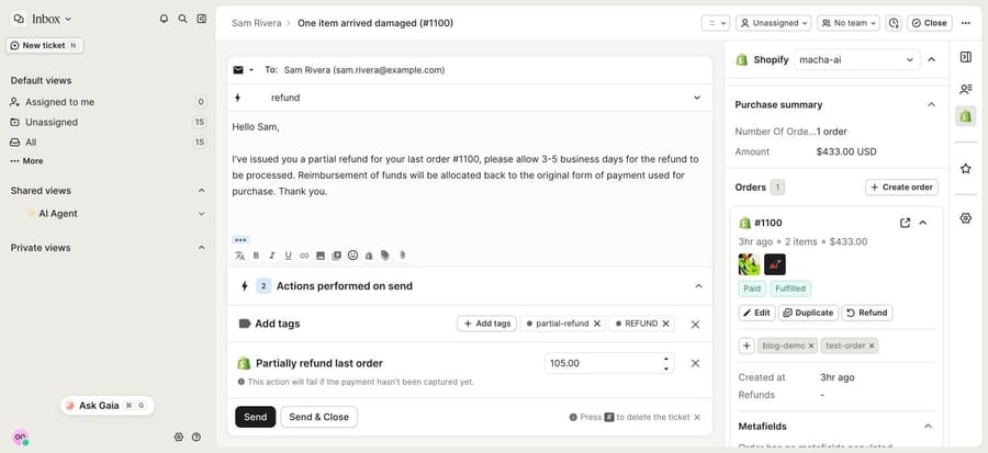 The "Refund: Partial refund last order" macro applied to the #1100 ticket on our trial: the reply, then two actions performed on send, Add tags and Partially refund last order with $105.00 typed in. We removed the actions and cleared the draft without sending