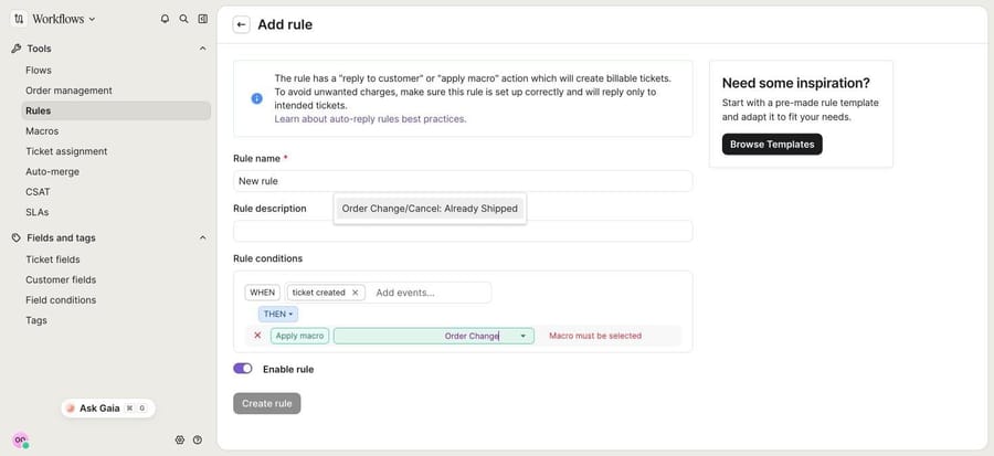 The Apply macro picker in a new Gorgias rule on our trial: searching "Order Change" shows only the reply-only "Already Shipped" macro, not the Cancel & Refund macro